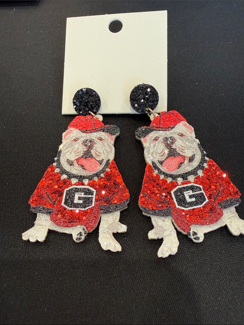 NWT Georgia Bulldog Earrings with Red, Black & White Glittery Accents